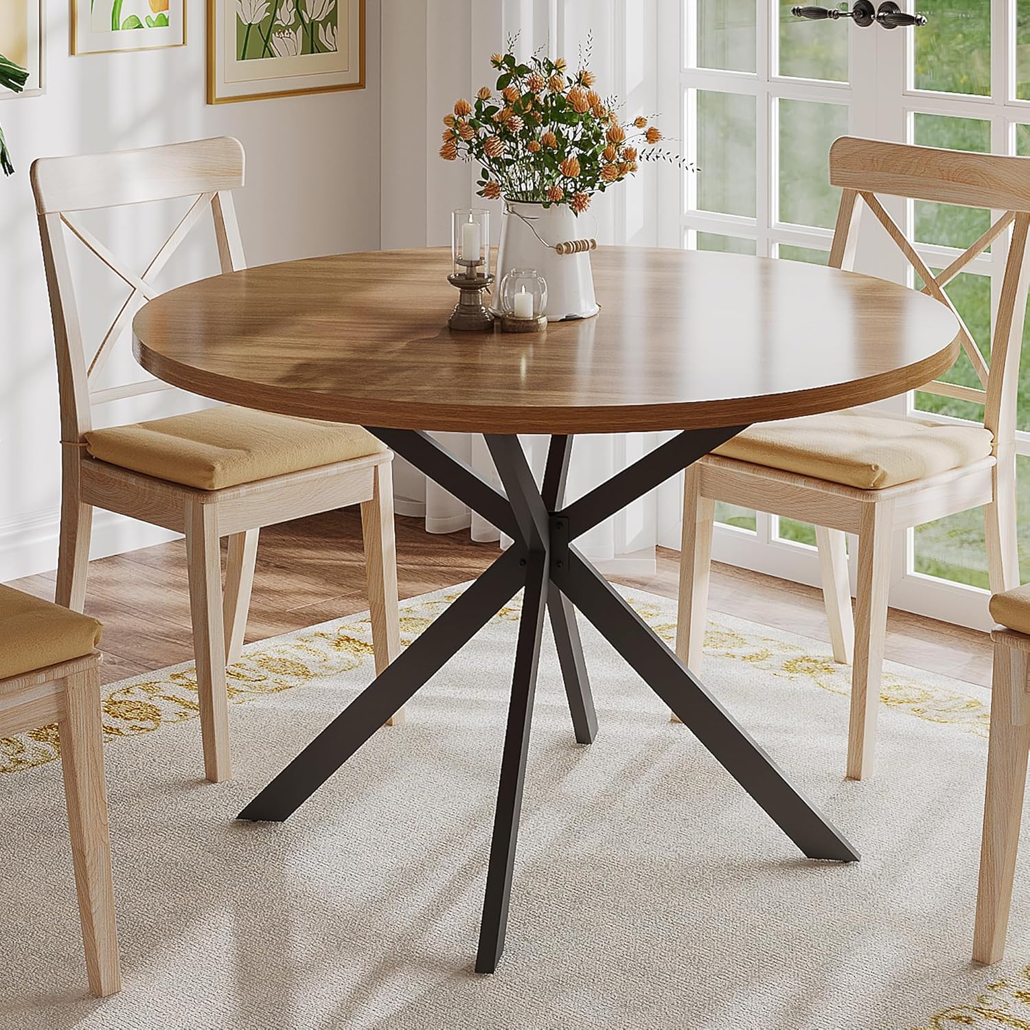 ChooChoo 47.2 Inch Round Dining Table for 4, Farmhouse Wood Kitchen Table, Round Dinner Table for Kitchen & Dining Room, Walnut