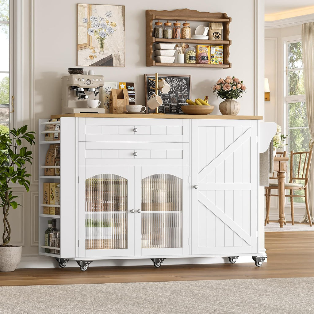 FINETONES Kitchen Island with Storage, Rolling Kitchen Island on Wheels with Wood Drop Leaf Countertop, Island Table Bar Cart with Spice Towel Rack Portable Kitchen Table Kitchen Carts on Wheels