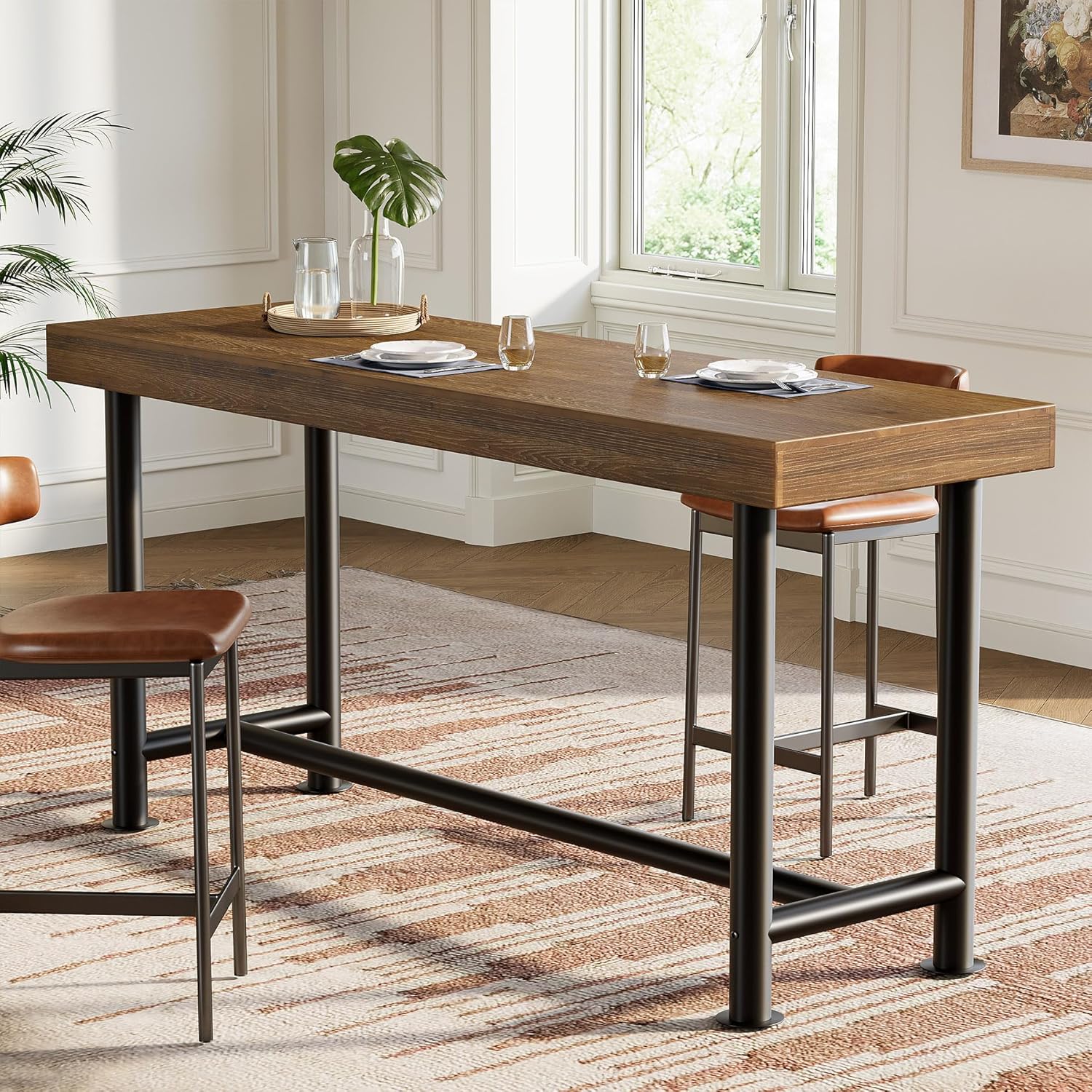 63" Solid Wood Bar Table, Long Counter Height Pub Top Table, Narrow Dining Breakfast Bar Units with Metal Sturdy Legs for Home Kitchen, Living Room, Bistro, Easy to Assemble