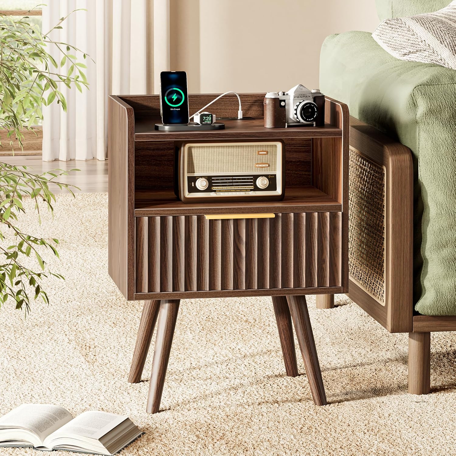 Huuger Nightstand with Charging Station, USB-C Port, Fluted Night Stand Set of 2, Bed Side Table with Drawer, Solid Wood Feet, Open Storage, End Table with Raised Edge, for Bedroom, Walnut