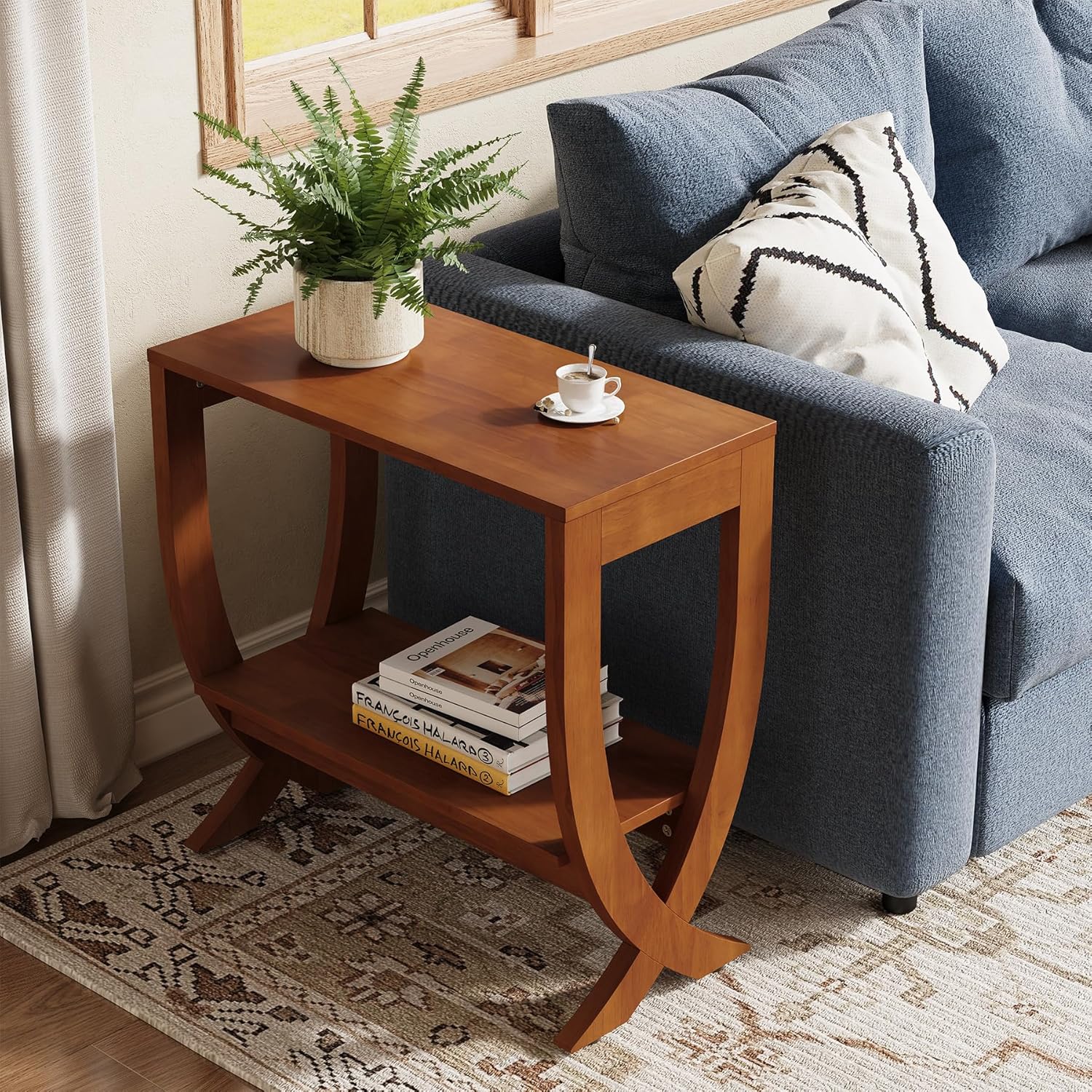 Solid End Table, 2-Tier Couch Side Table with Arched Legs for Small Space, Living Room, Easy Assembly, Warm Walnut