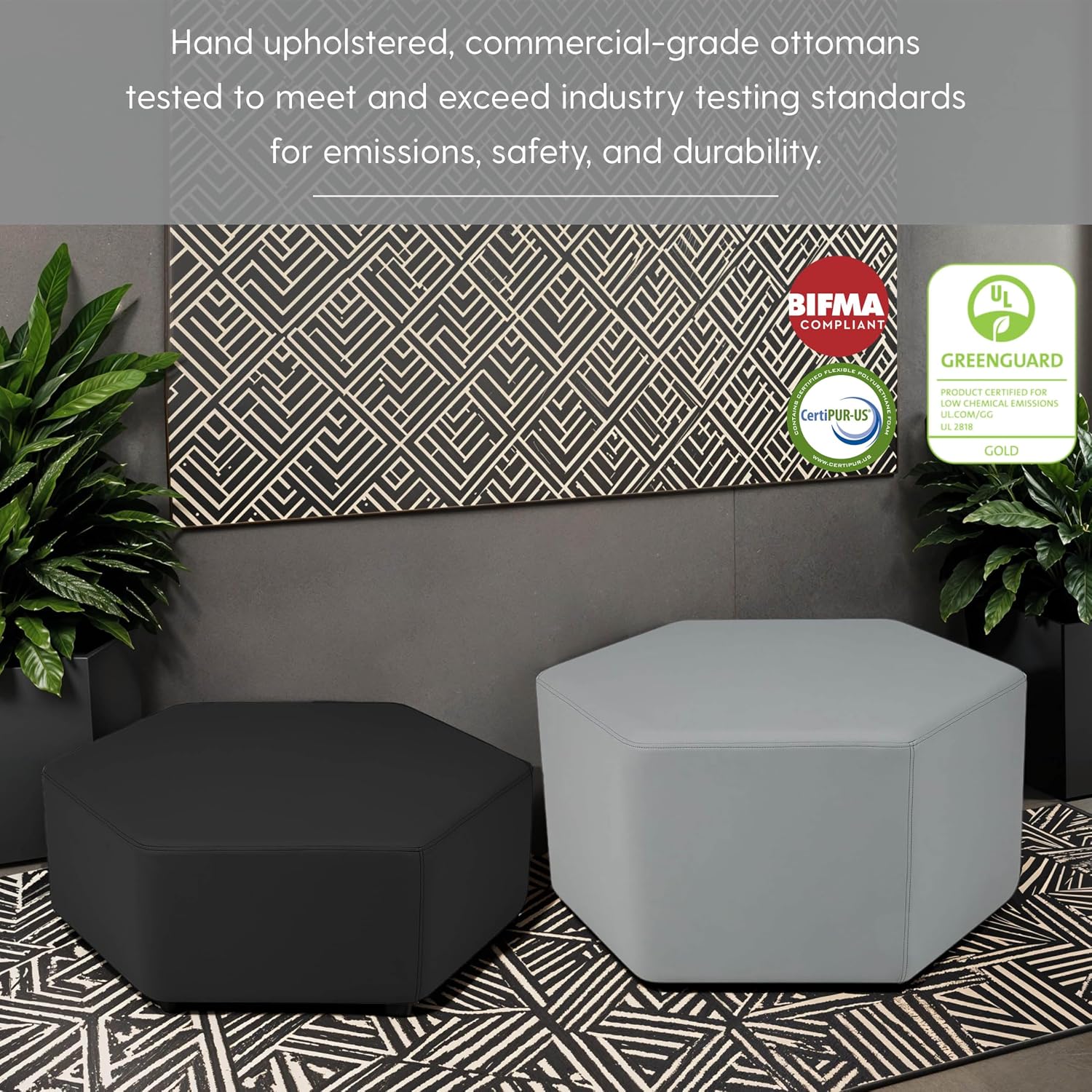FDP Pro Series Hexagon Accent Ottoman (12" Height) Hand Upholstered Commercial Furniture for Hotel Lobby, Office, Restaurant, Home Collaborative and Configurable Seating - Slate Gray Crosshatch