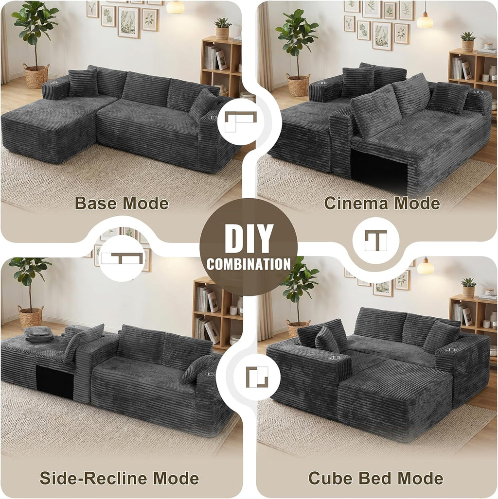 Shintenchi 103" Boneless Couches for Living Room with 2 Cup Holders,L Shaped Modular Sectional Sofa Set,No Assembly Needed Plush Corduroy Living Room Set,Dark Gray