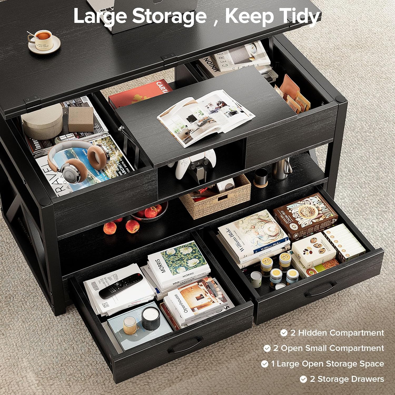 Memobarco 40" Lift Top Coffee Table,4 in 1 Multi-Function Lift Coffee Tables with Storage Drawers and Hidden Compartmen,Farmhouse Coffee Table with Lifting top for Living Room,Black