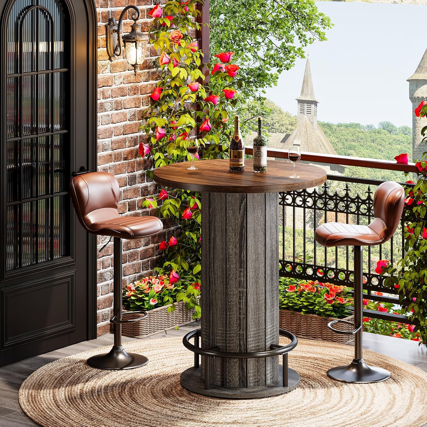 Tribesigns Round Bar Table, 39.4" H Wood Bistro Pub Table with Metal Ring Footrest for Dining Coffee Cocktail Living Room, Small Space, Brown & Gray (Only Table)