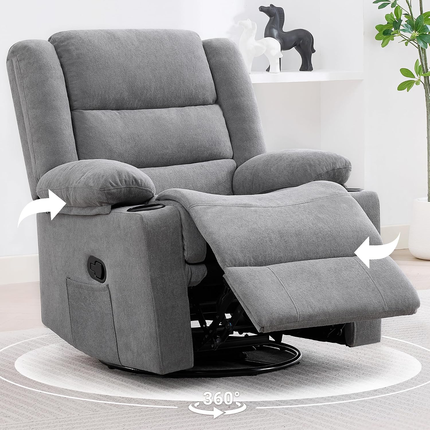 360°Swivel Rocking Chairs for Adult,Recliner Chair with Side Pockets and Cup Holders,Rocker Recliner with a Suitable for Living Rooms,Bedrooms,Light Grey
