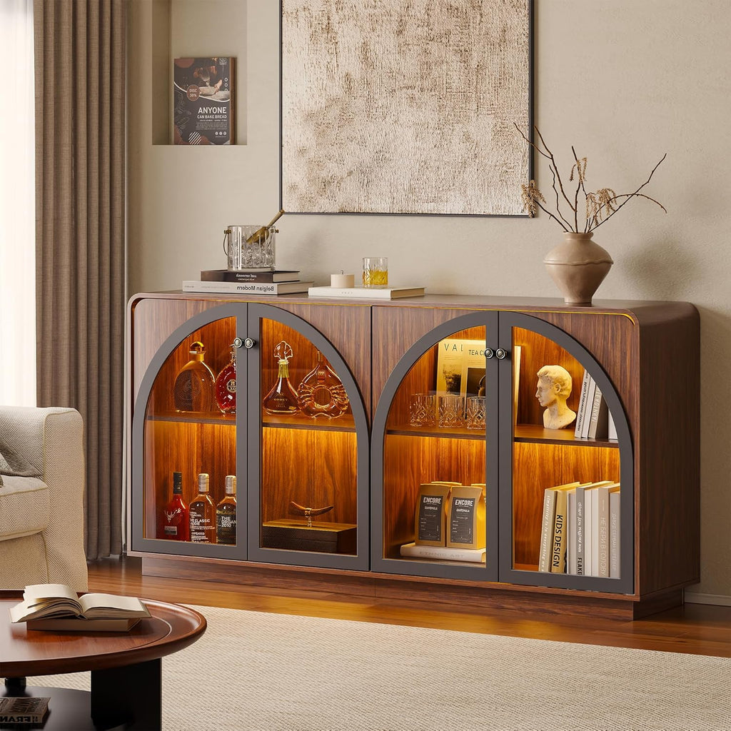 Sideboard Buffet Cabinet with Storage, Credenza Storage Cabinet for Living Room, Walnut Sideboard Wooden Accent Cabinet, Modern Coffee Bar Console Cabinet Walnut Buffet Cabinet with Arched Glass Doors