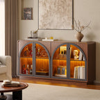 Sideboard Buffet Cabinet with Storage, Credenza Storage Cabinet for Living Room, Walnut Sideboard Wooden Accent Cabinet, Modern Coffee Bar Console Cabinet Walnut Buffet Cabinet with Arched Glass Doors