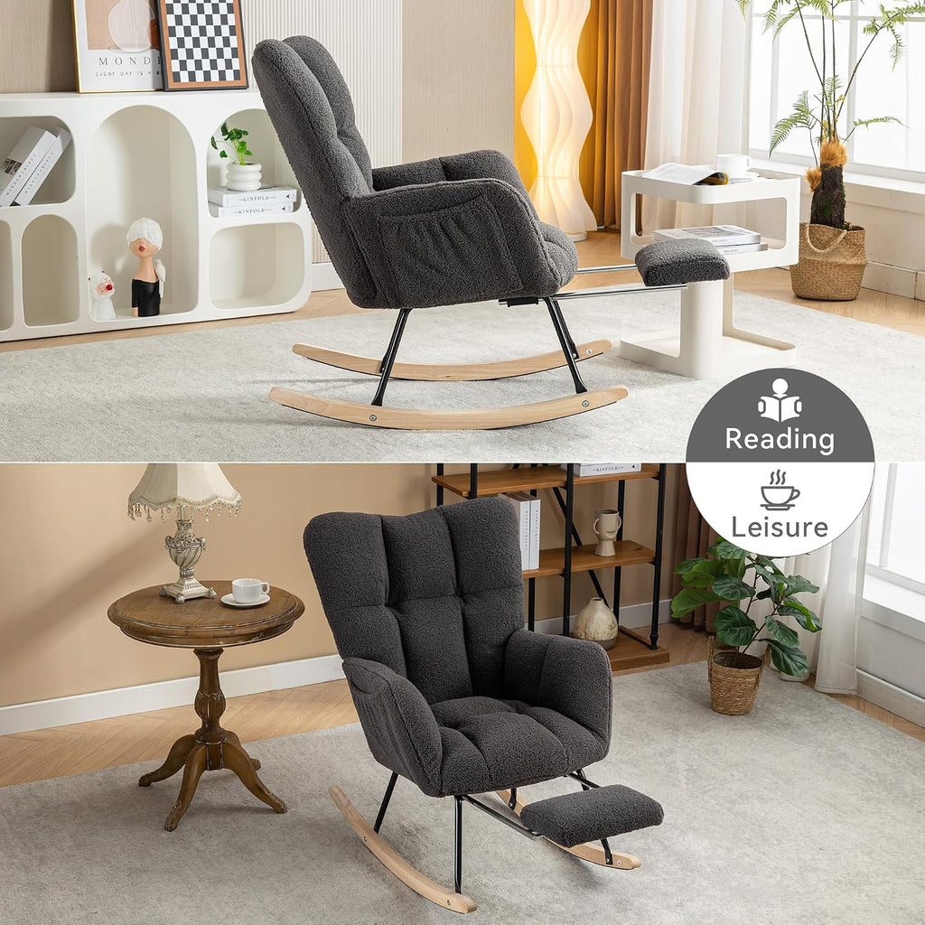 Modern Teddy Fabric Leisure Rocking Chair with Adjustable Footstool, High Backrest, Storage Pocket On The Right Side, Nursery Rocking Chair for Living Room, Bedroom, Nursing Room, Gray