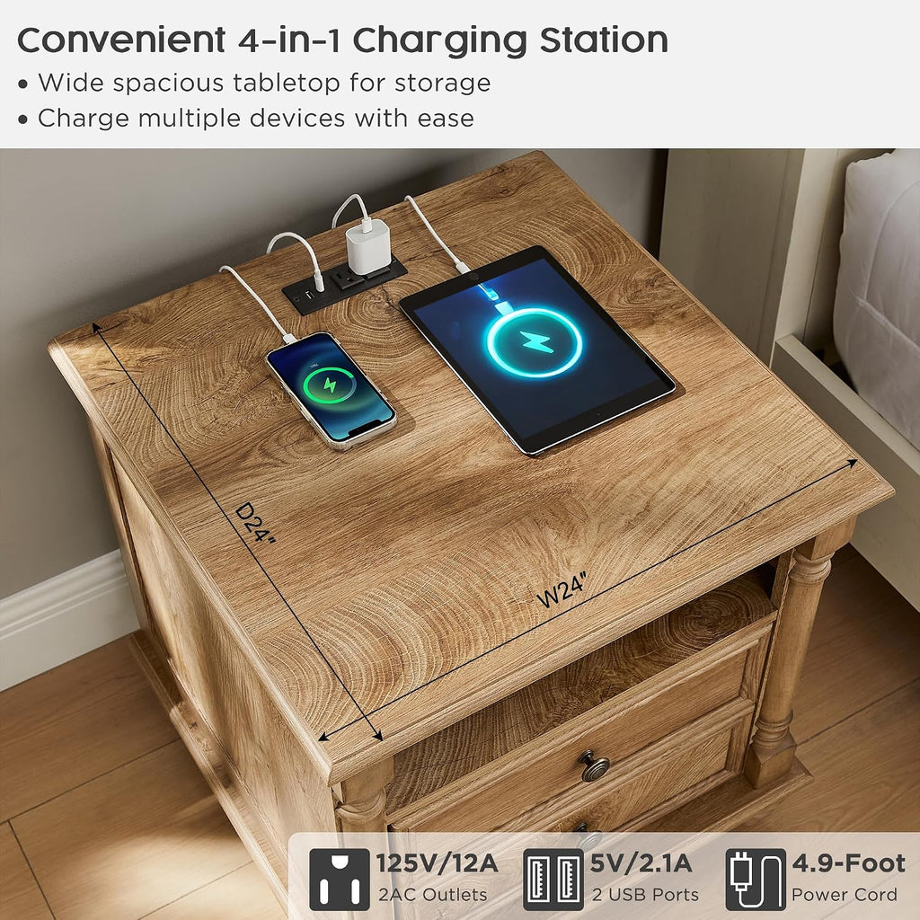 T4TREAM 24'' Farmhouse End Table w/4 Solid Wood Feet, Large 2 Drawers Wide Sofa Side Table with Charging Station, Tall Rustic Wood Square Nightstand for Living Room, Bedroom, Office, Light Tree Knot