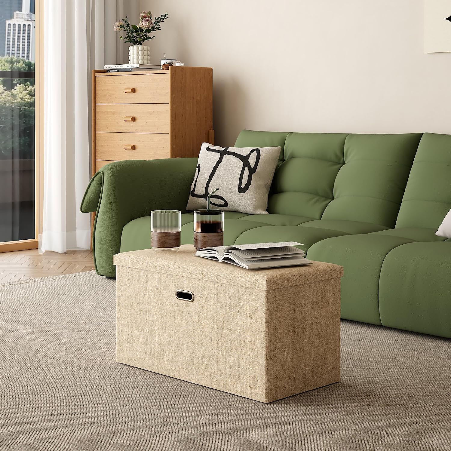 VECELO 30'' Folding Storage Ottoman Bench, End of Bed Linen Fabric Foot Rest Stool with Padded Seat, Large Footstools for Bedroom, Living Room, Load 500 lb, Khaki