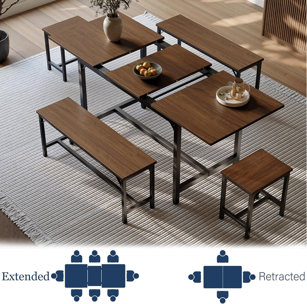 Tatub 5-Piece Dining Table Set for 4-8, 63" Extendable Dining Room Table with 2 Benches and 2 Square Stools, Space Saving Rectangle Kitchen Table Set for Breakfast Nook and Small Space, Walnut