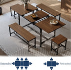 Tatub 5-Piece Dining Table Set for 4-8, 63" Extendable Dining Room Table with 2 Benches and 2 Square Stools, Space Saving Rectangle Kitchen Table Set for Breakfast Nook and Small Space, Walnut