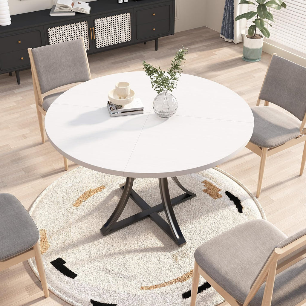 Modern Industrial Round Dining Table 47 Inch, x-Shaped Stable Pedestal, Space-Saving Small Kitchen Table for 4-6 People, Easy to Assemble for Dining Room Living Room,White