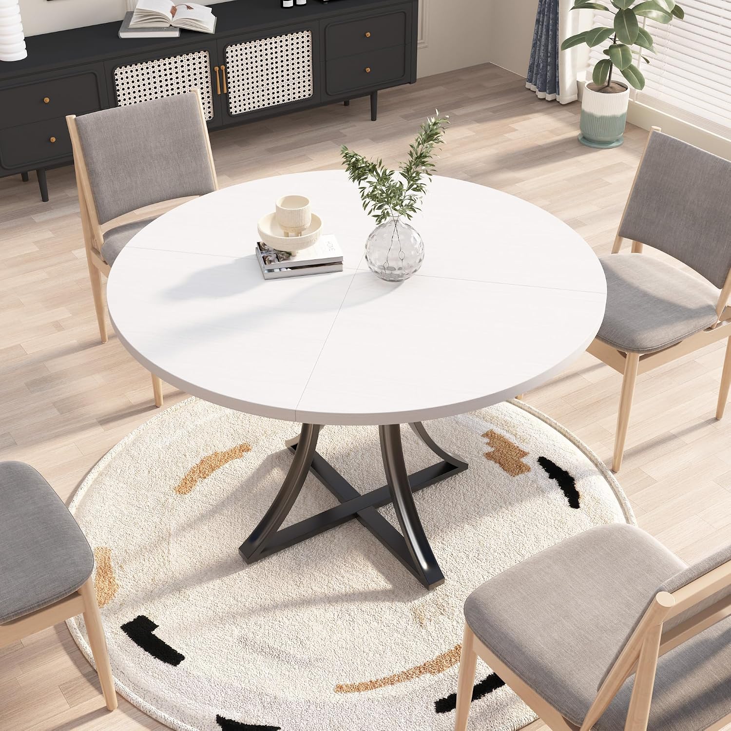 Modern Industrial Round Dining Table 47 Inch, x-Shaped Stable Pedestal, Space-Saving Small Kitchen Table for 4-6 People, Easy to Assemble for Dining Room Living Room,White