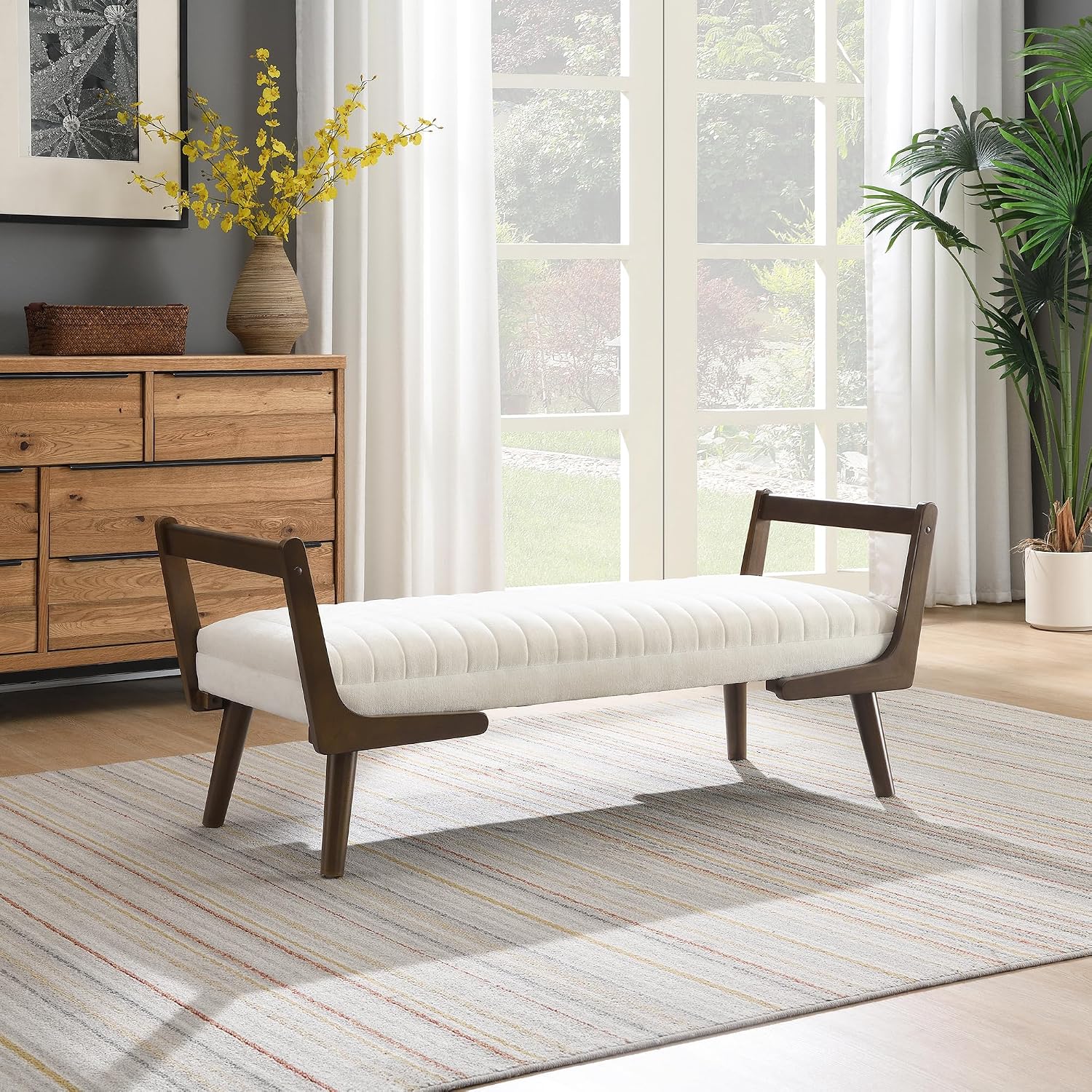 Mid-Century Modern Bedroom Ottoman,52“ Upholstered Bench for End of Bed, Soft Chenille Fabric & Walnut Wood Legs for Living Room, Entryway (Beige)