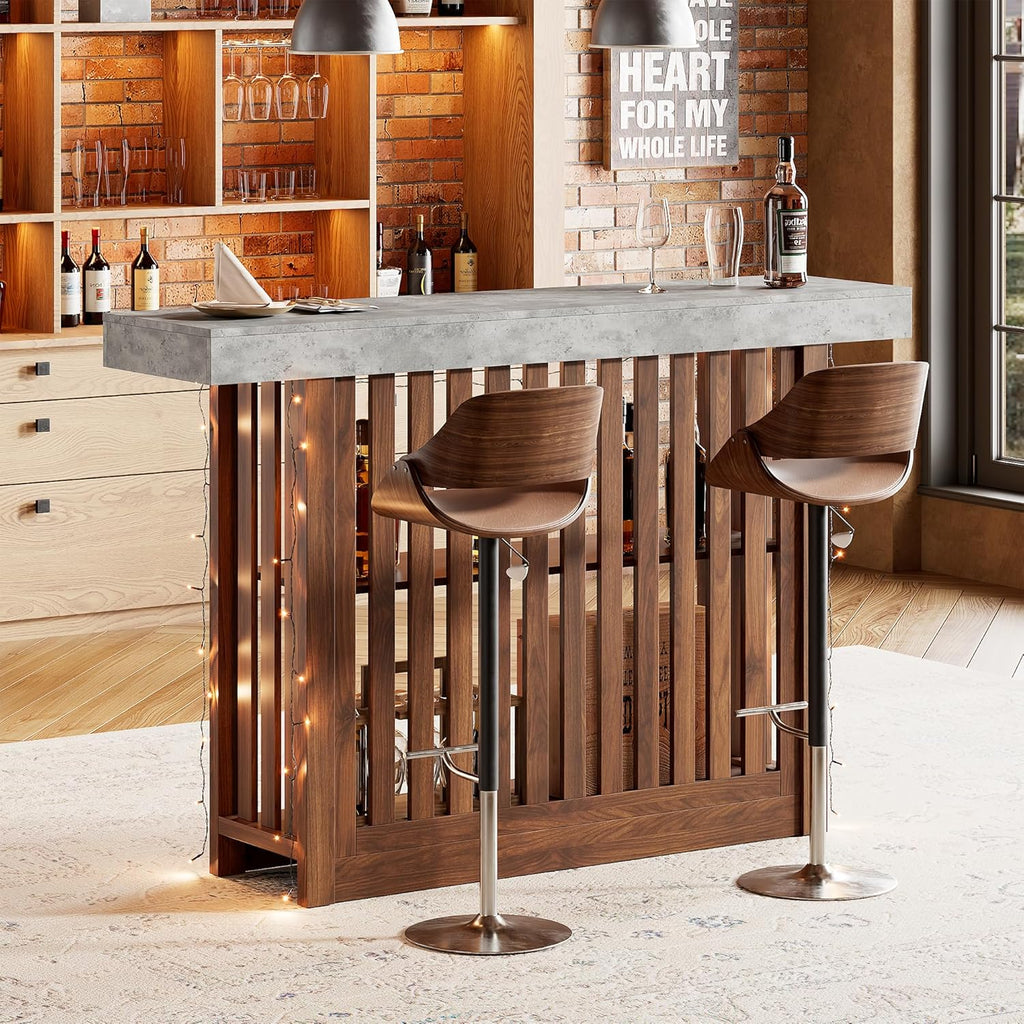 GarveeHome 63" Long Bar Table - Counter Bar Height Pub Table with 2 Tier Storage Shelves, Modern Coffee Breakfast Bar Unit for Dining Room, Bistro, Living Room, Gray + Walnut