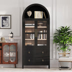 71" Tall Arched Kitchen Pantry Cabinet with 2 Drawers & Glass Doors, Modern Farmhouse Freestanding Storage Cabinet with Adjustable Shelves for Kitchen, Dining Room, Home Organizer(Black)