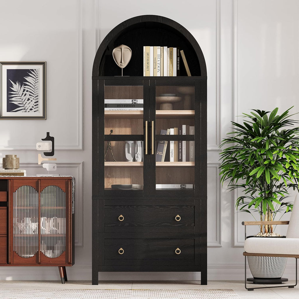 71" Tall Arched Kitchen Pantry Cabinet with 2 Large Drawers,Farmhouse Kitchen Storage Cabinets with Adjustable Shelves,Glass Door,Wood Versatile Cupboard for Kitchens,Dining Room,Bathroom (Black--@QW)