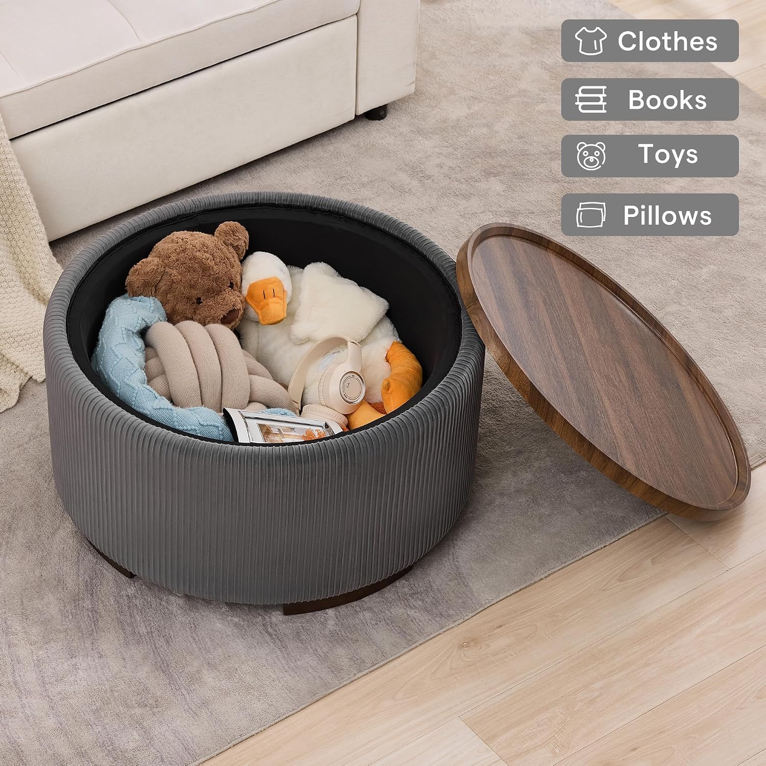 29.5 Inch Round Storage Ottoman Coffee Table,Modern Circle Coffee Table with Storage with Removable Lid Top and Solid Wood Legs,Large Round Ottoman for Bedroom,Living Room,Velvet,Grey