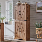 ACCOHOHO 72" Tall Kitchen Pantry, Farmhouse Storage Cabinet with Barn Doors, Organizer, Drawer and Adjustable Shelves, Rustic Wood Cupboard for Kitchen, Dining Room, Bathroom and Hallway, Light Walnut