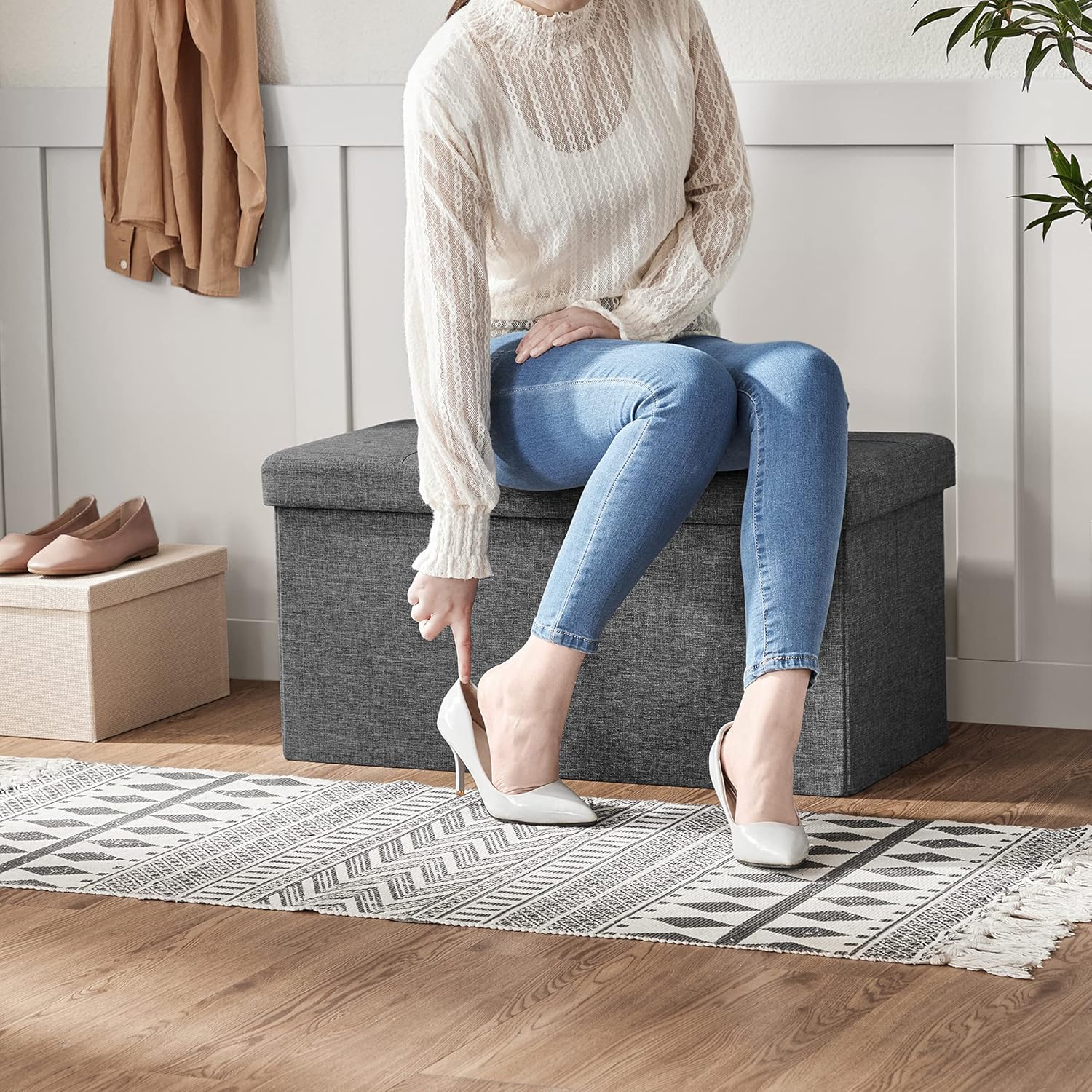 SONGMICS MAZIE Collection - 30 Inches Storage Ottoman, Foldable Storage Bench with Flipping Lid, 660 lb Load Capacity, for Entryway, Living Room, Bedroom, Dark Gray ULSF46GYZ