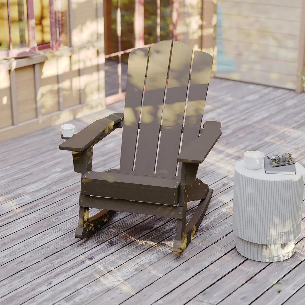 Flash Furniture Newport Adirondack Rocking Chair with Cup Holder, Weather Resistant Poly Resin Adirondack Rocking Chair, Brown