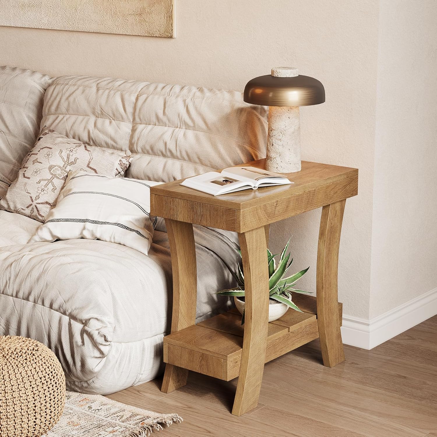 LITTLE TREE Narrow Side Table with Storage Shelf, 2-Tier Rectangular End Table with Wood Legs, Small Night Stand for Bedroom, Living Room, Small Spaces, 11.81" D x 23.62" W x 23.62" H