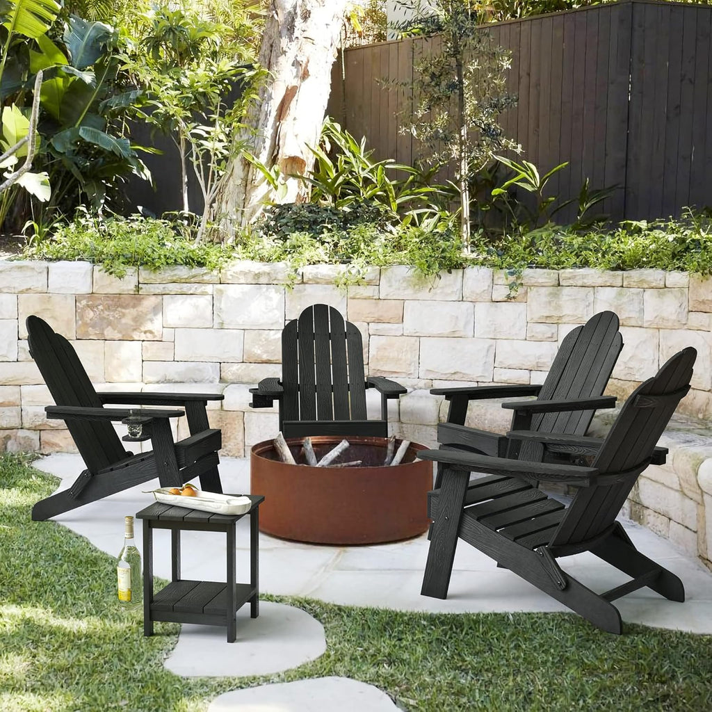 LUE BONA Folding Adirondack Chair Set of 4, Black HDPS Fire Pit Patio Chairs Weather Resistant, Modern Plastic Outdoor Chairs with Cup Holder
