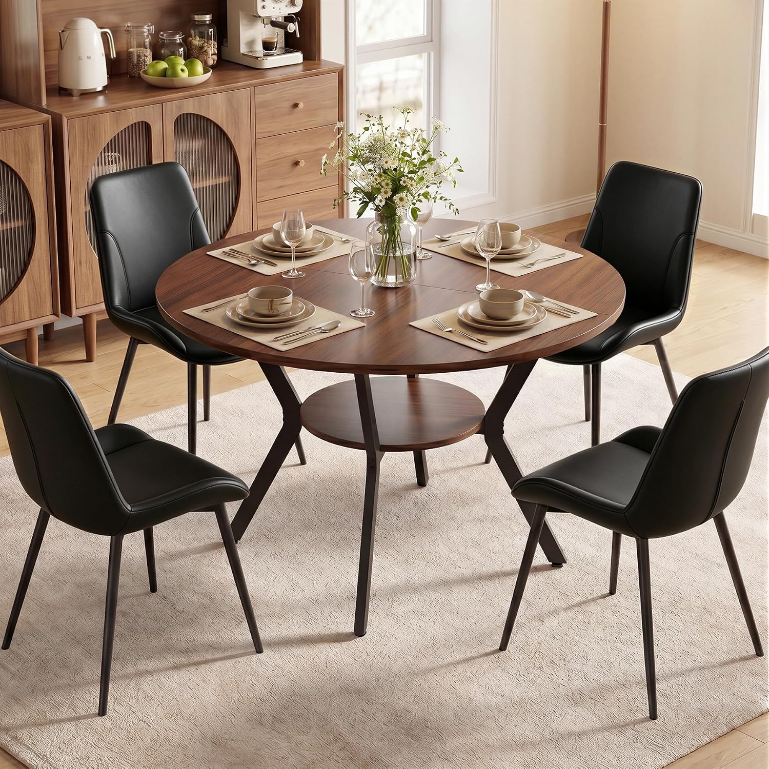 Miereirl 42.13" 5-Piece Round Dining Table Set for 4, Kitchen Table Set with 4 Upholstered Chairs and Storage Shelf, Dining Room Furniture Set for Apartment, Small Spaces