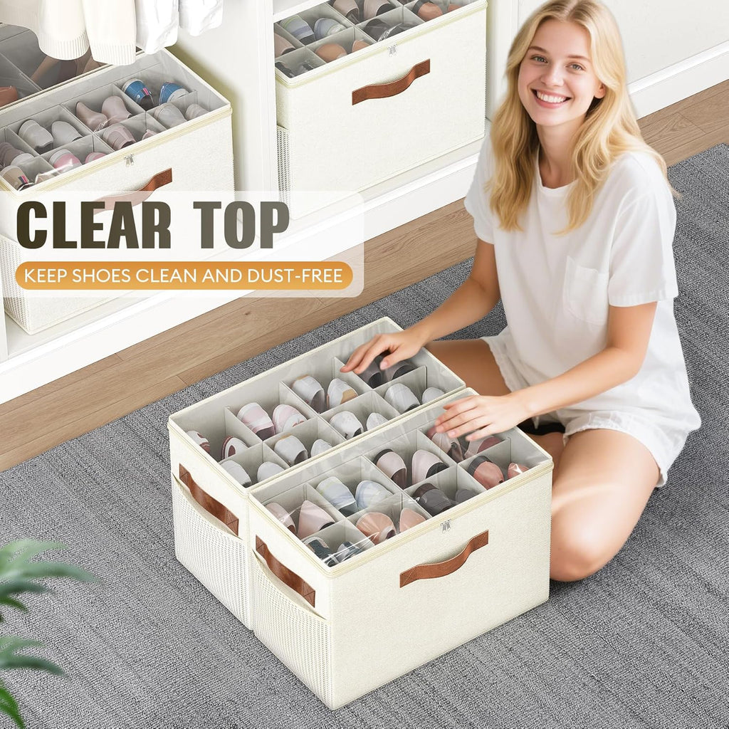 Budding Joy 2 Pack Shoe Organizer for Closet, Clear Foldable Shoe Storage Containers Adjustable Dividers Fits 16 Pairs,Shoe Storage Bins Baskets Boxes with Reinforced Handles Beige