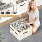 Budding Joy 2 Pack Shoe Organizer for Closet, Clear Foldable Shoe Storage Containers Adjustable Dividers Fits 16 Pairs,Shoe Storage Bins Baskets Boxes with Reinforced Handles Beige