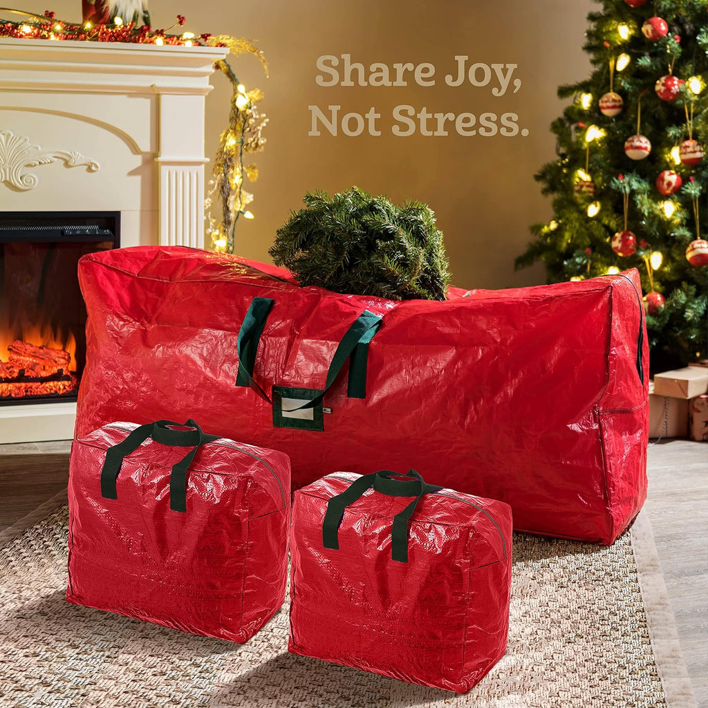 ZOBER Christmas Tree Storage Bag - With 2 Ornaments Accessories/Garland Bags - Fits 7.5 Ft Trees - Plastic, Waterproof Christmas Tree Bag For Storage Box For Xmas - Strong, Durable Handles - Red