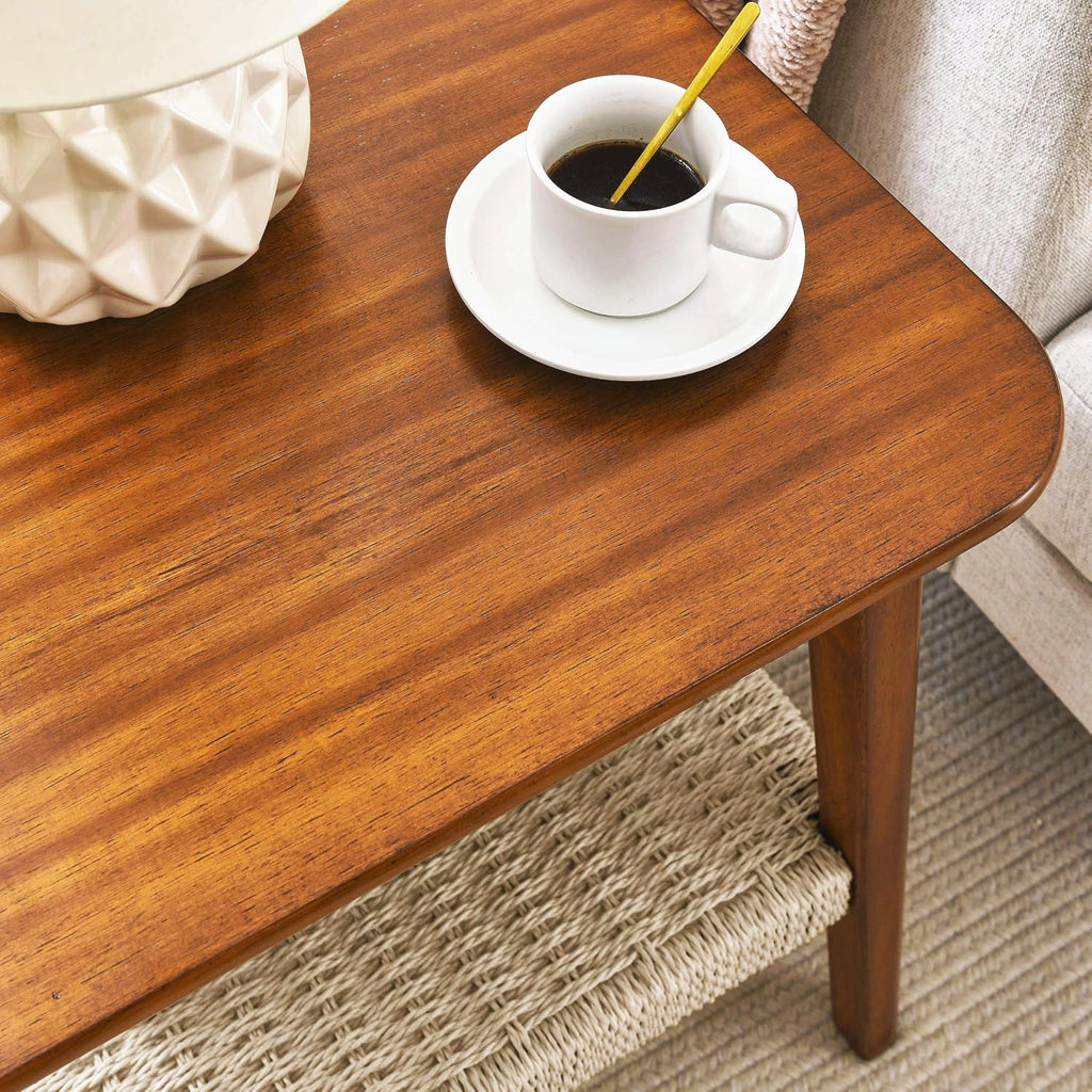 23" Narrow Side Tables Living Room, Mid-Century Small End Table with Woven Shelf & Storage, Solid Wood Couch Side Table for Living Room, Bedroom & Entryway, Dark Walnut, Boho (Walnut)