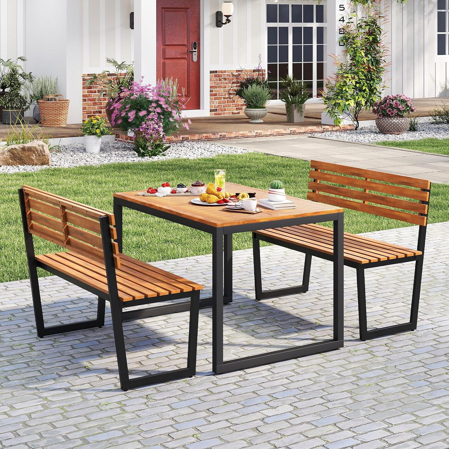 Tangkula 43" Outdoor Wood Bench, 2-Person Acacia Wood Bench with Heavy-Duty Metal Frame, Slatted Seat & Inclined Backrest, 800 lbs Weight Capacity, Patio Bench for Porch, Yard, Balcony, Lawn