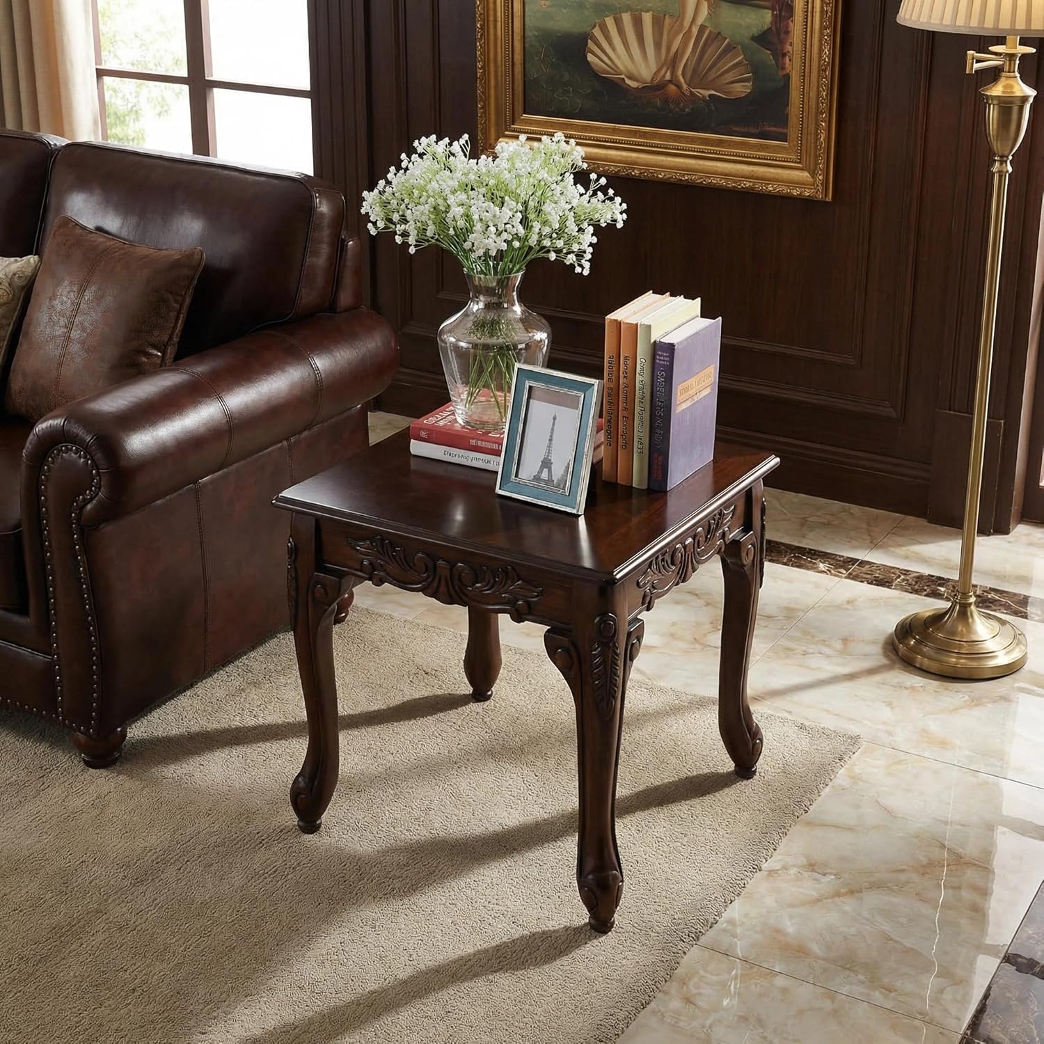 Traditional Dark Cherry Wood End Table for Living Room, Vintage Wooden Side Table with Ornate Detailing and Claw Feet