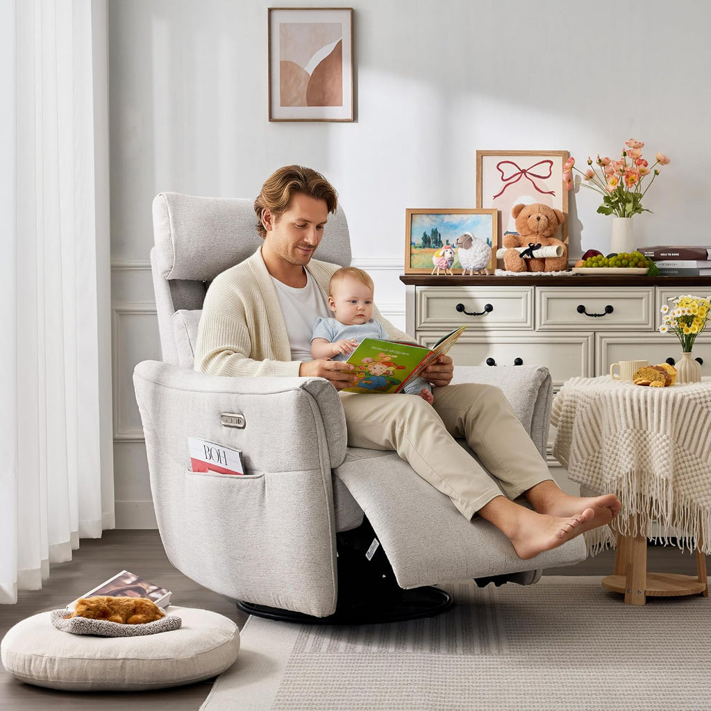 Power Rocking Chair Nursery Glider Recliner with Adjustable Headrest, Dual Motor Chenille Swivel Rocker Recliner Chair with USB Port and Storage Bags, FSC, CertiPUR-US® Certified, Crockery Grey