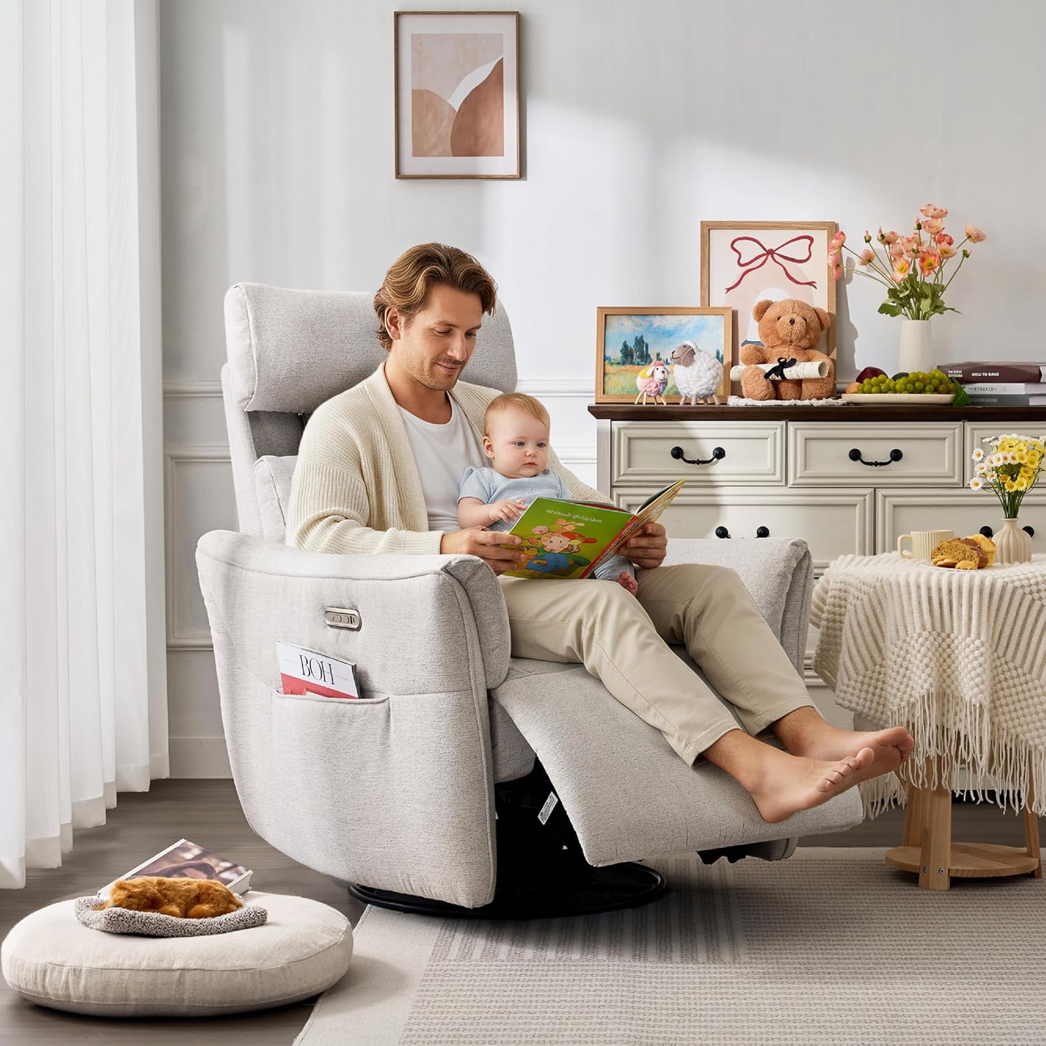 Power Rocking Chair Nursery Glider Recliner with Adjustable Headrest, Dual Motor Chenille Swivel Rocker Recliner Chair with USB Port and Storage Bags, FSC, CertiPUR-US® Certified, Crockery Grey