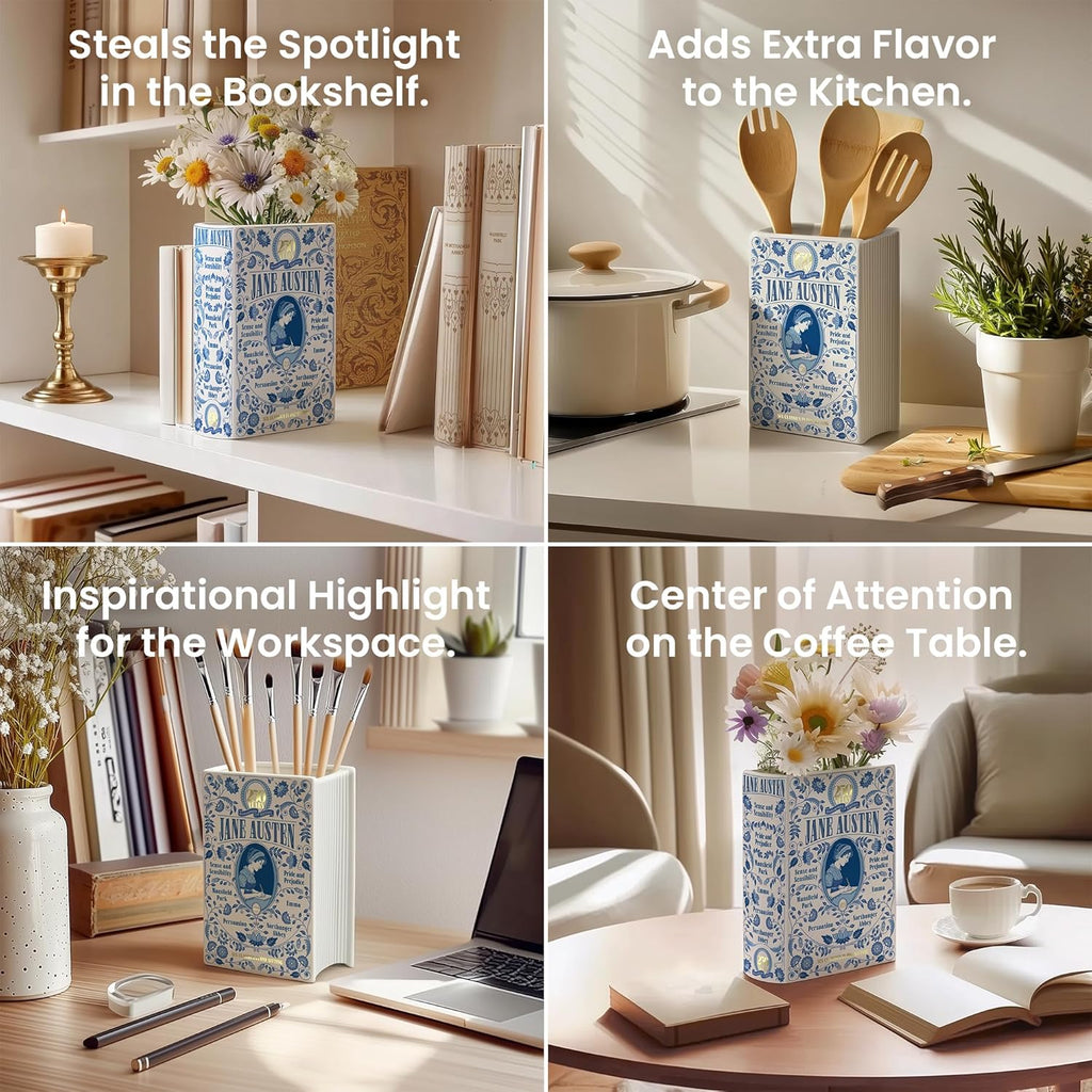H&H + 6 in 1 + Jane Austen Book Vase for Flowers + Bookmark + Emma, Mansfield Park, Sense and Sensibility, Northanger Abby, Persuasion, Pride and Prejudice Merch + 2025 Jane Austen Anniversary Edition