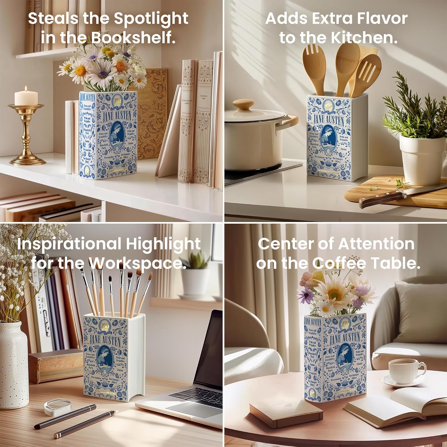 H&H + 6 in 1 + Jane Austen Book Vase for Flowers + Bookmark + Emma, Mansfield Park, Sense and Sensibility, Northanger Abby, Persuasion, Pride and Prejudice Merch + 2025 Jane Austen Anniversary Edition