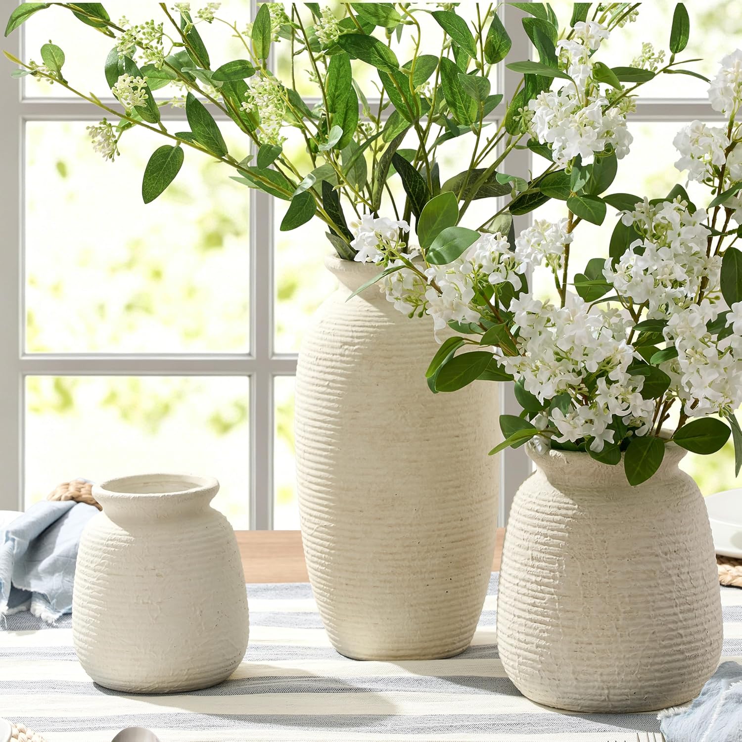 Ceramic Flower Vases Home Decor, Rustic Farmhouse Decorative Vase Pottery Wide-Mouth Vases for Home Decor Table Living Room Entryway Mantel Bookshelf Bedroom Bathroom Kitchen - 7.48" W