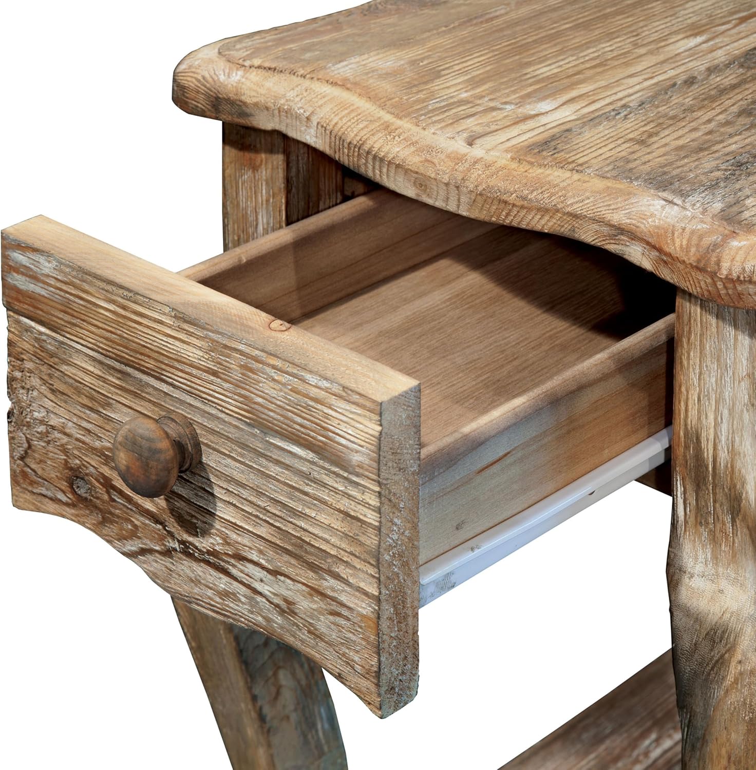 Alaterre Furniture Austerity Living Room Tables – 15 Inch Narrow Chairside Table with Drawer, Shelf, Scalloped Edges, & Curved Legs – Rustic Accent Side Table in Driftwood Finish (Set of 2)