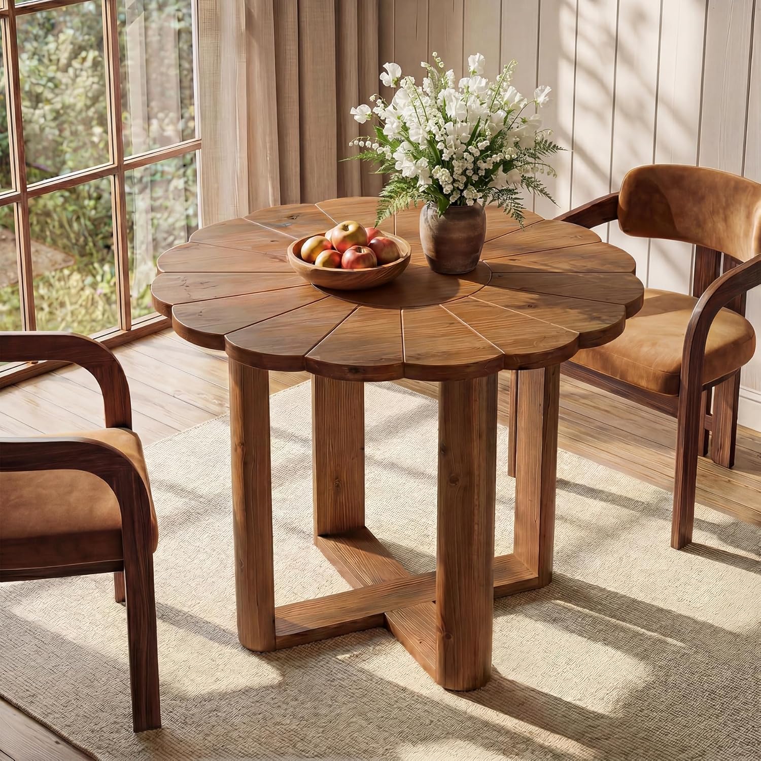 31.5-Inch Solid Wood Round Dining Table for 2-4, Small Farmhouse Kitchen Table with Carved Petal Pattern, Wooden Dining Room Furniture for Apartments, Small Place, Rustic Brown