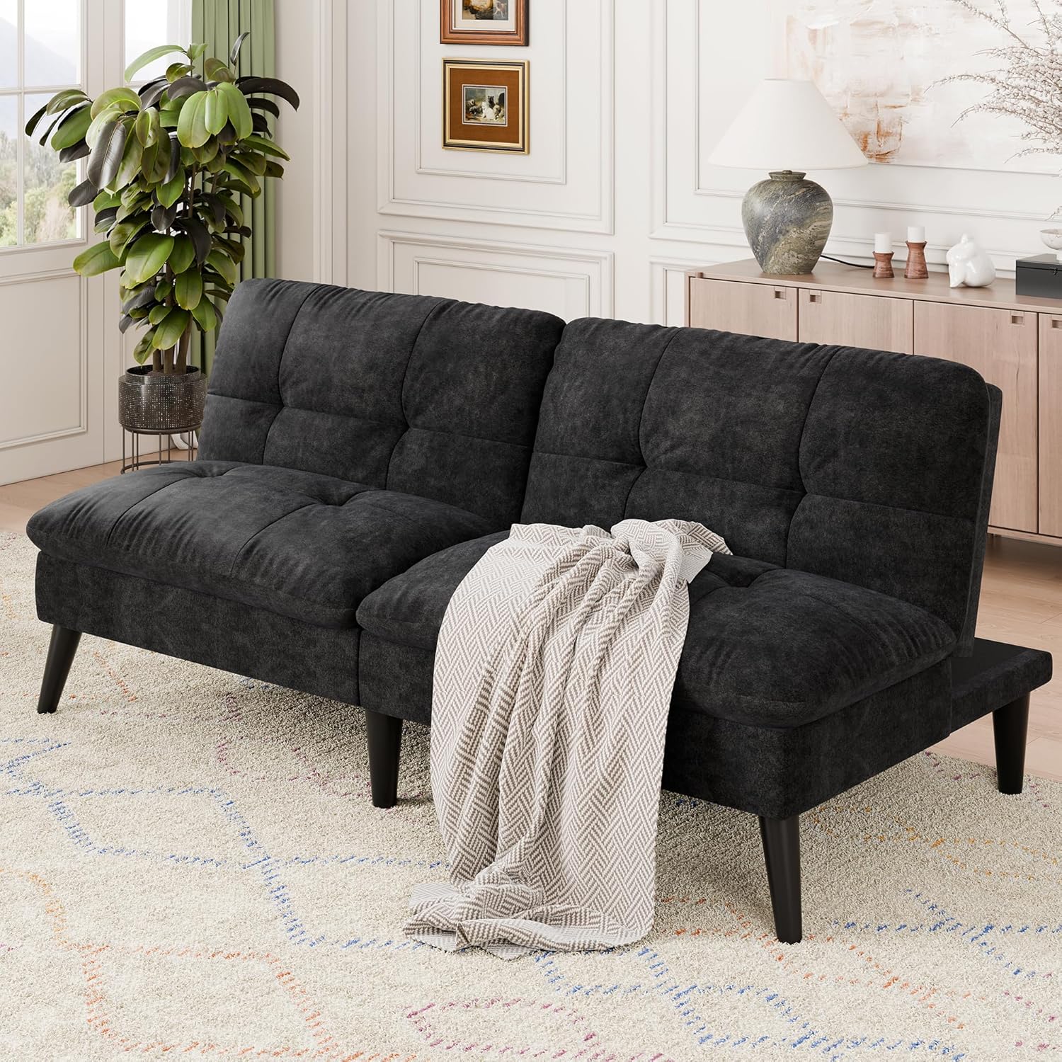 Vongrasig Futon Sofa Bed Velvet Futon Couch with Adjustable Backrest, Small Convertible Folding Sleeper Sofa Bed, Modern Loveseat for Living Room, Bedroom and Small Space, (Black)