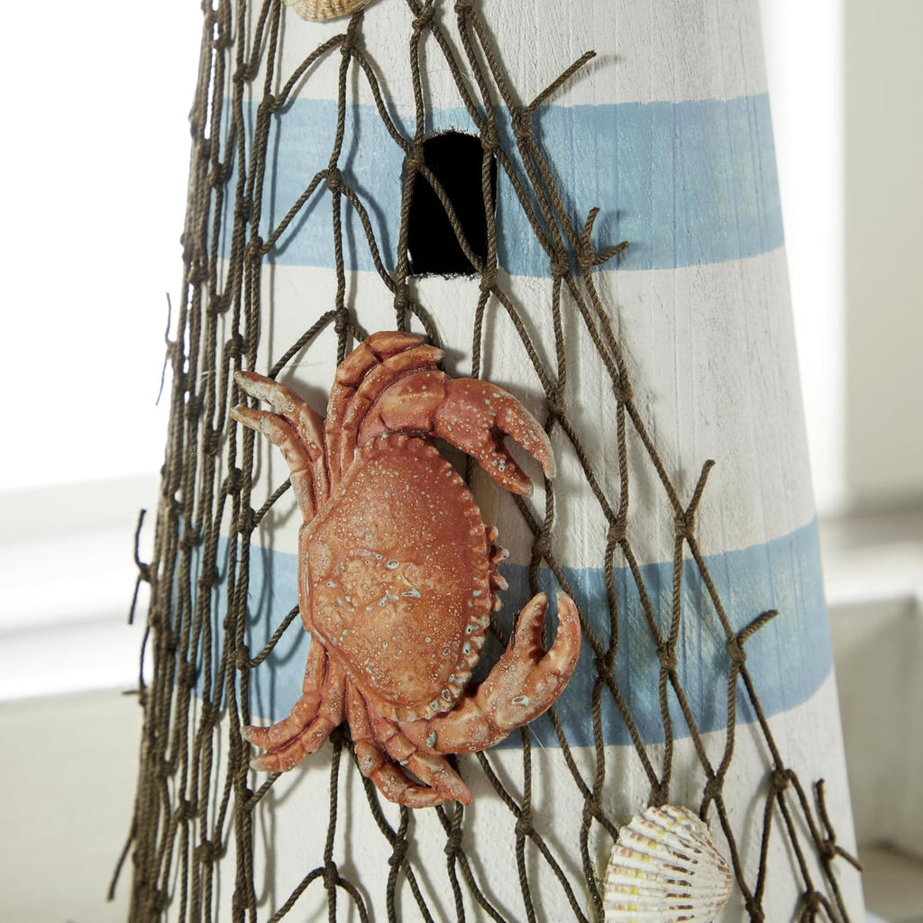 Deco 79 Wood Light House Decorative Sculpture Home Decor Statue with Netting, Accent Figurine 7" x 7" x 16", White