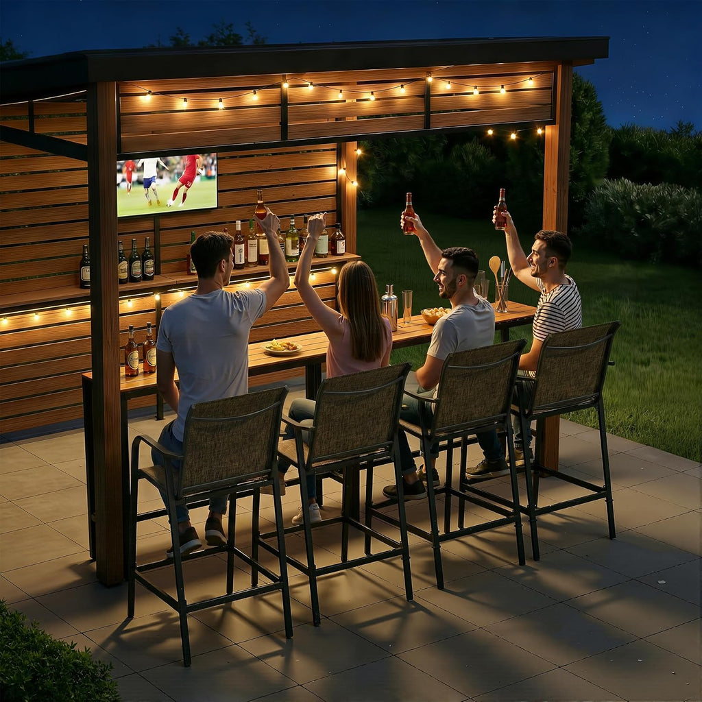 Crestlive Products Outdoor Bar Stools Set of 4, Heavy Duty Patio Furniture, Bar Height Tall Chairs with Armrest and Footrest, Textilene Fabric for Bistro, Lawn, Poolside, Backyard, Kitchen (Brown)