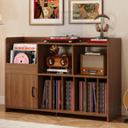 IRONCK Mid-Century Modern Record Player Stand, Record Player Cabinet with Door & Display Shelf, Vinyl Record Storage Cabinet for Living Room & Entertainment Room, Walnut