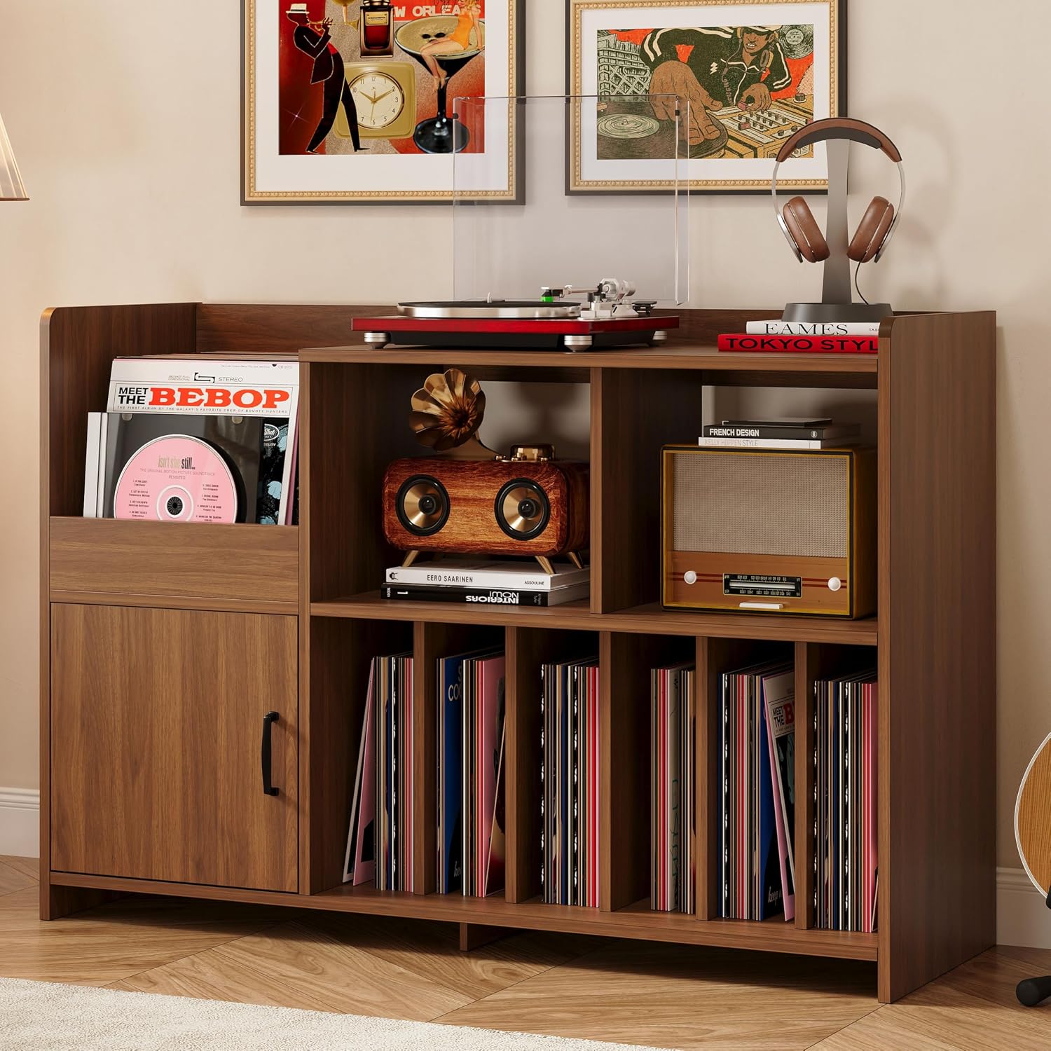 IRONCK Mid-Century Modern Record Player Stand, Record Player Cabinet with Door & Display Shelf, Vinyl Record Storage Cabinet for Living Room & Entertainment Room, Walnut