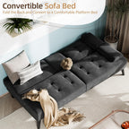 Shintenchi Futon Sofa Bed, Velvet Foldable Couch, Reclining Sleeper with Removable Armrests, Upholstered Loveseat Sofa Couch with Folding Cup Holders for Home, Office, Black