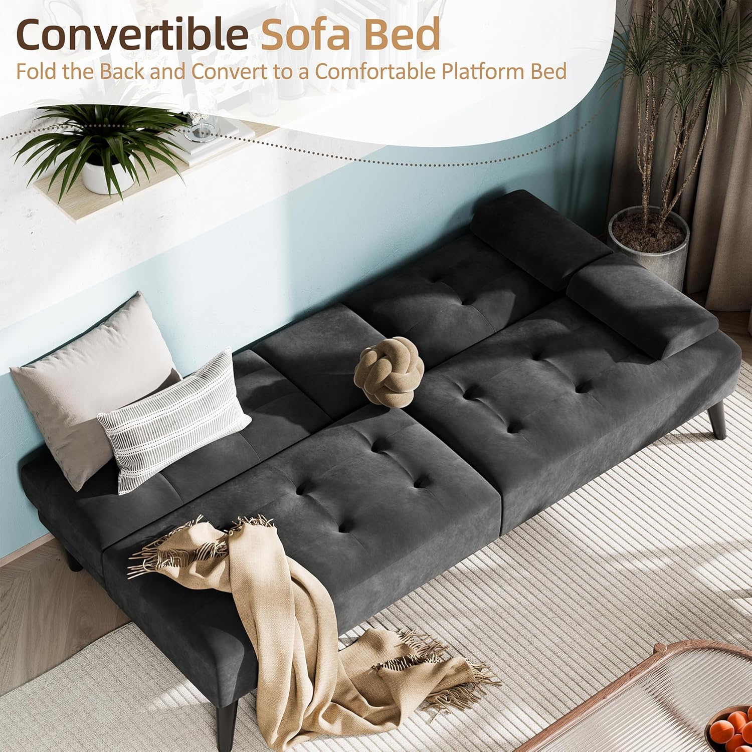Shintenchi Futon Sofa Bed, Velvet Foldable Couch, Reclining Sleeper with Removable Armrests, Upholstered Loveseat Sofa Couch with Folding Cup Holders for Home, Office, Black